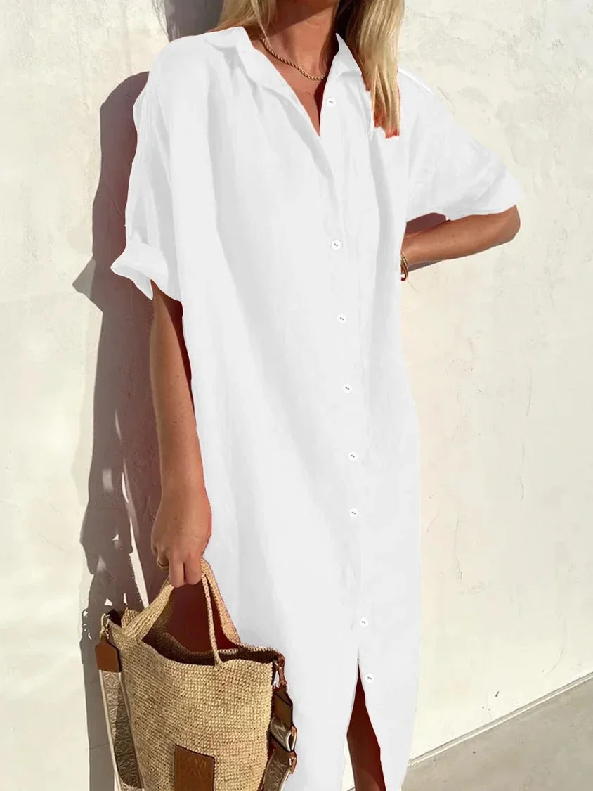 Uveng Casual Loose Sleeves Button Dress Cotton And Dresses