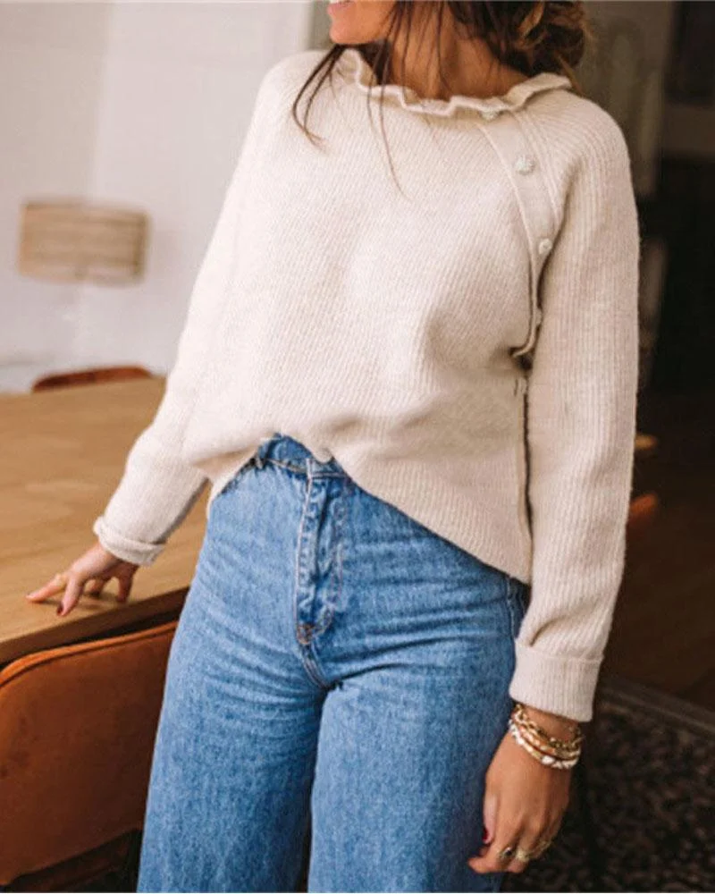 Long Sleeve Button Decor Ruffle Collar Sweater