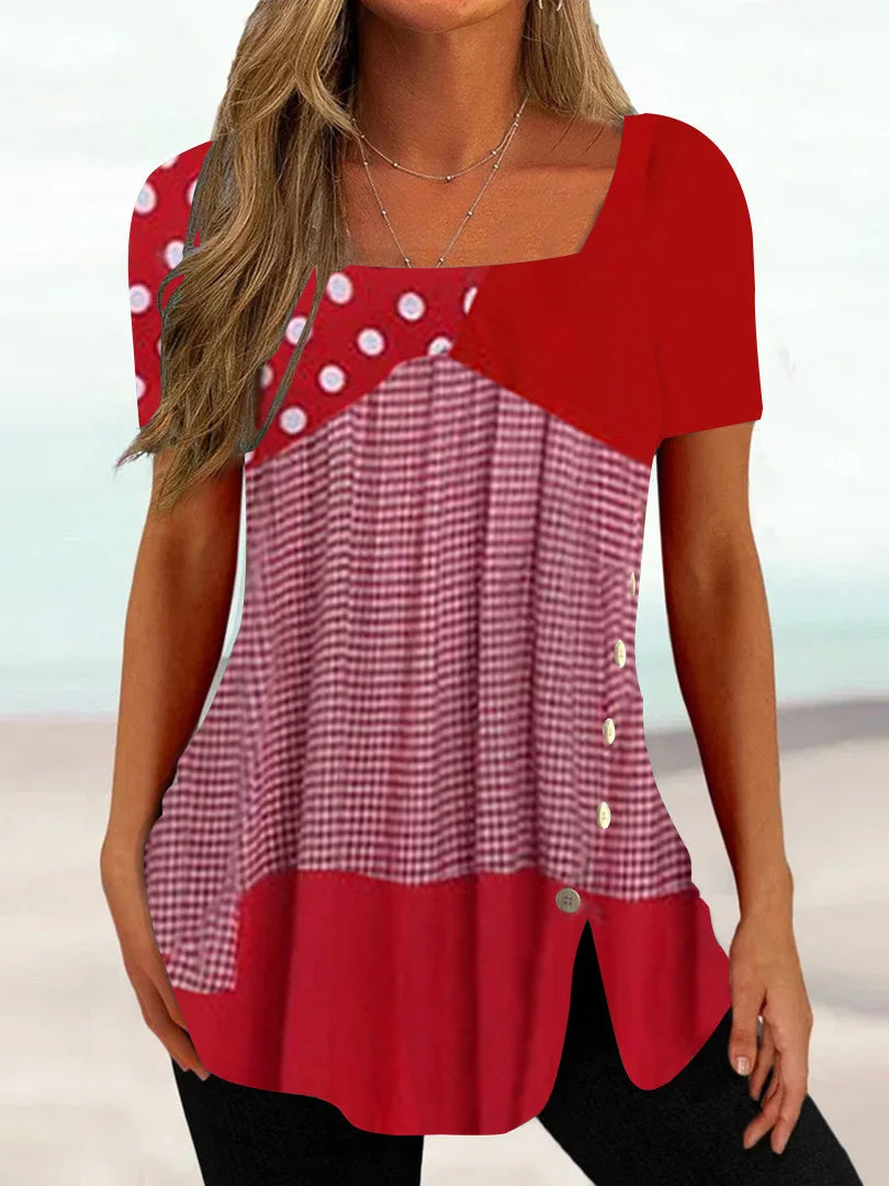Women's Short Sleeve U-neck Striped Polka Dot Button Top