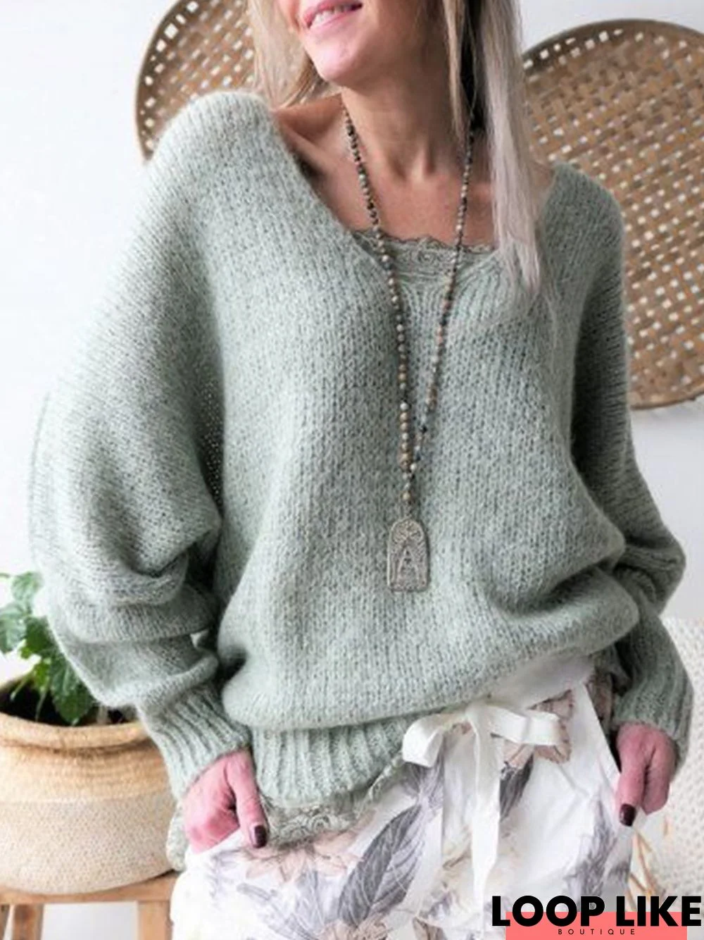 Casual Solid V Neck Long Sleeve Sweater