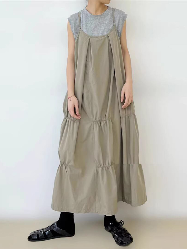 Strap Pleated Side Pocket Maxi Dress