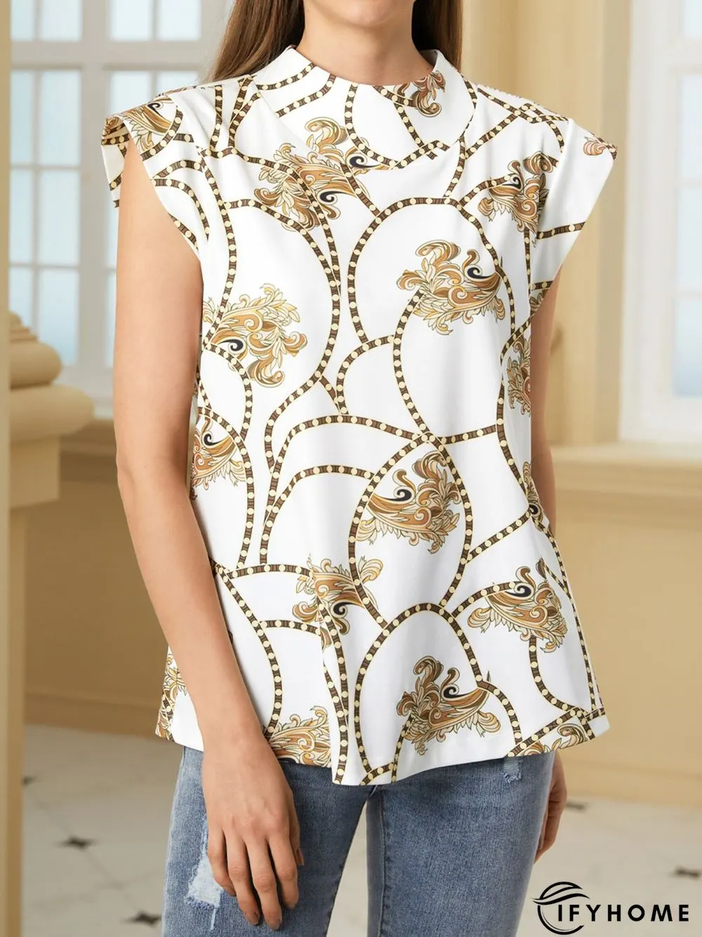 Stand Collar Geometric Short Sleeve T-Shirt | IFYHOME