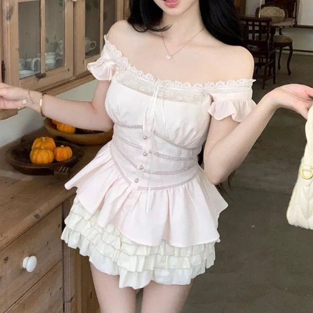 Ruffle Lace Blouse Panel Square Bow Neck Sleeveless Plain