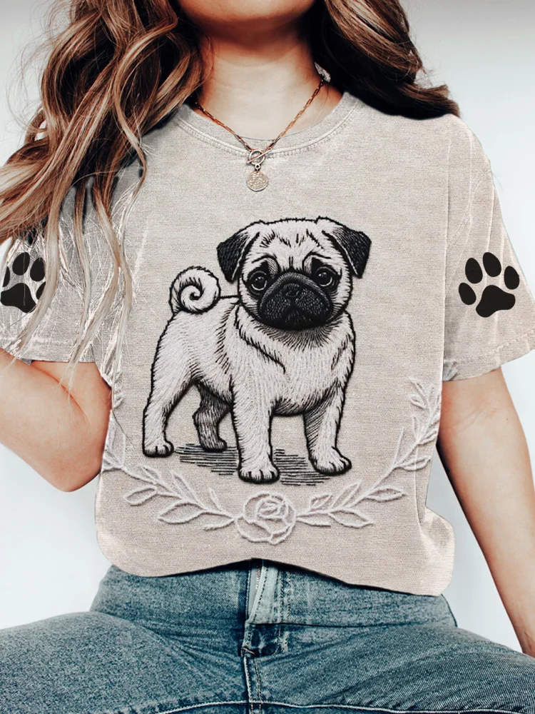 Pet Dog Embroidery Pattern Women's Casual Short Sleeve T-Shirt