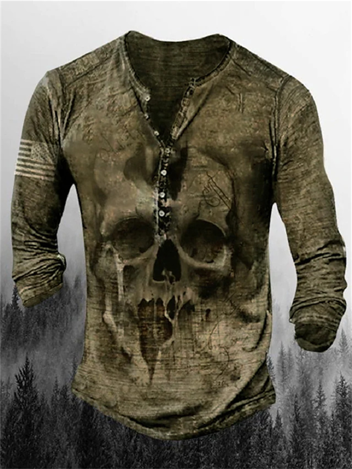 Men's Henley Shirt T shirt Tee Graphic Skull Henley Army Green Khaki Brown Gray Plus Size Street Casual Long Sleeve Button-Down Print Clothing Apparel Basic Vintage Casual Classic