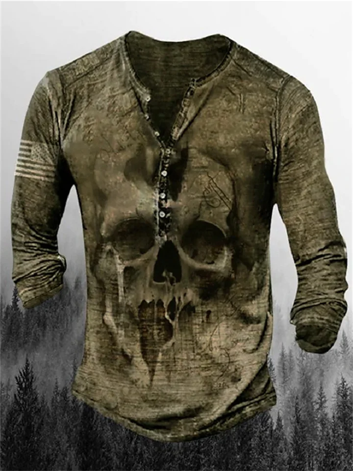 Men's Henley Shirt T shirt Tee Graphic Skull Henley Army Green Khaki Brown Gray Plus Size Street Casual Long Sleeve Button-Down Print Clothing Apparel Basic Vintage Casual Classic-Cosfine