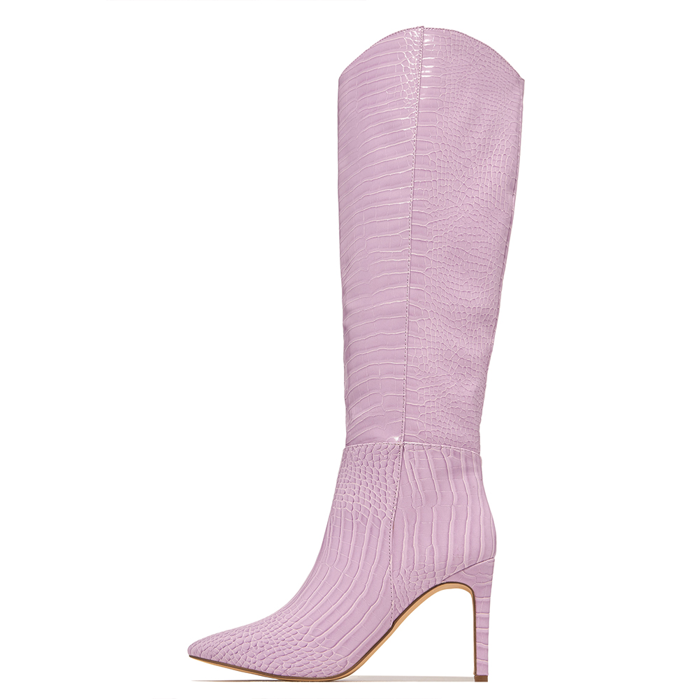 Lilac Croco Embossed Pointed Toe Stiletto Heel Fashion Tall Boots Nicepairs