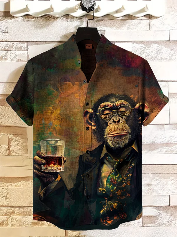 Men's Gentleman Monkey Boss Drinking Oil Painting Art Print Casual Shirt