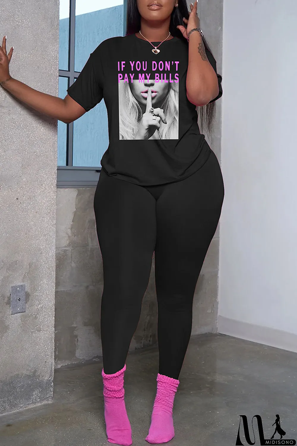 MidiSono - Black Fashion Casual Print Patchwork Basic O Neck Short Sleeve Two Pieces