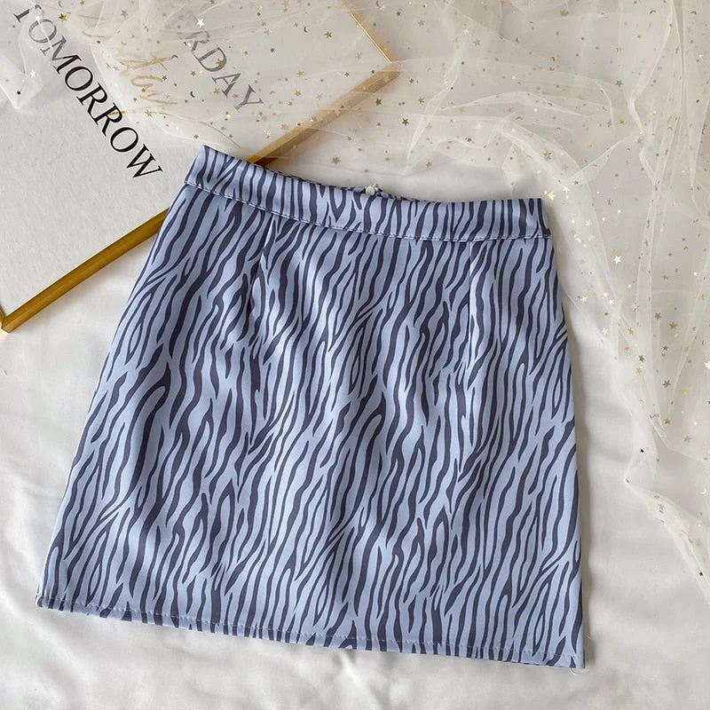 Zoki Elegant Leopard Women Mini Skirt High Waist A Line Zebra Striped Fashion Korean Slim A Line Zipper Mujer Faldas New 2021