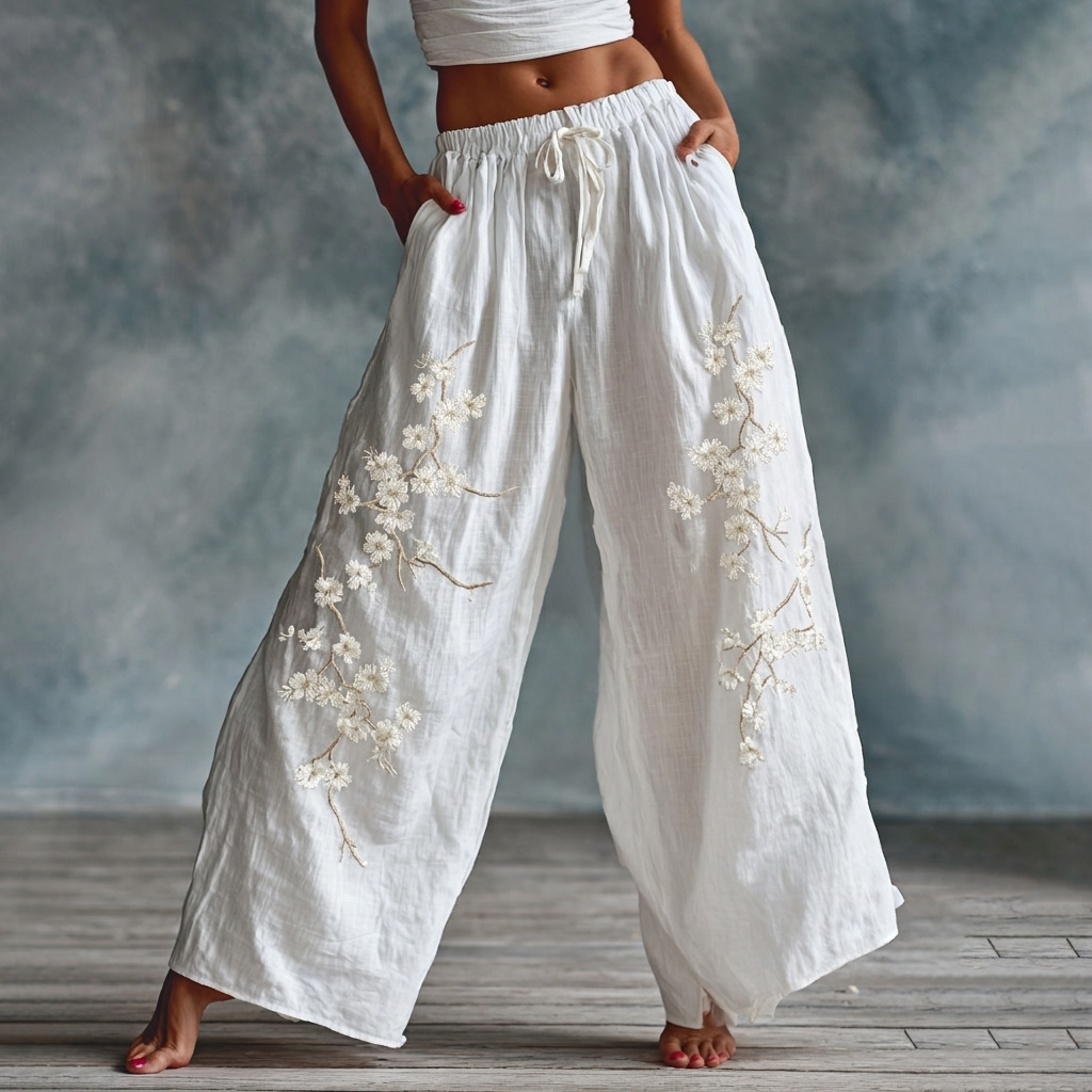 Japanese Floral Pattern Embroidered Linen Pantsdrawstring elevenforest