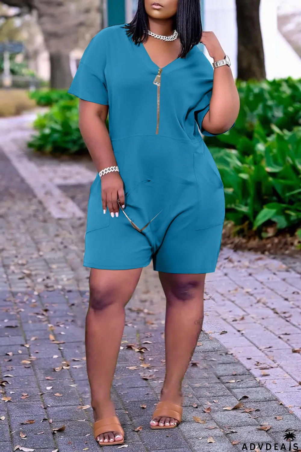 White Fashion Casual Solid Pocket V Neck Loose Romper