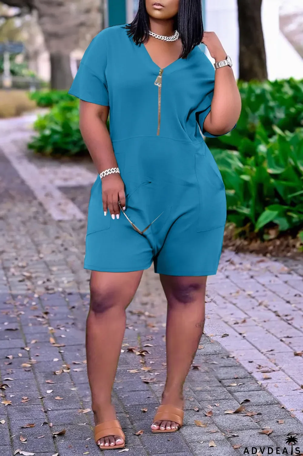 White Fashion Casual Solid Pocket V Neck Loose Romper