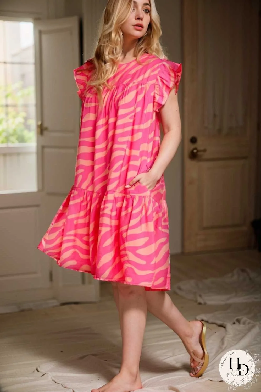 sloping shoulder ruffle print dress