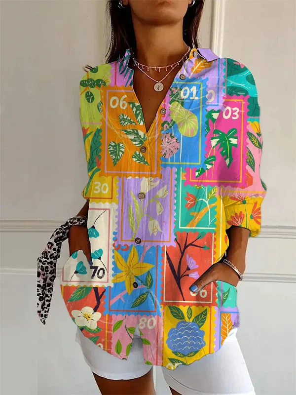 Women's Colourful Floral Stamp Pattern Long Sleeve Shirt