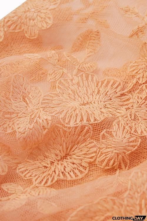 Shirring Detail Frill Hem Leaf Pattern Mesh Top