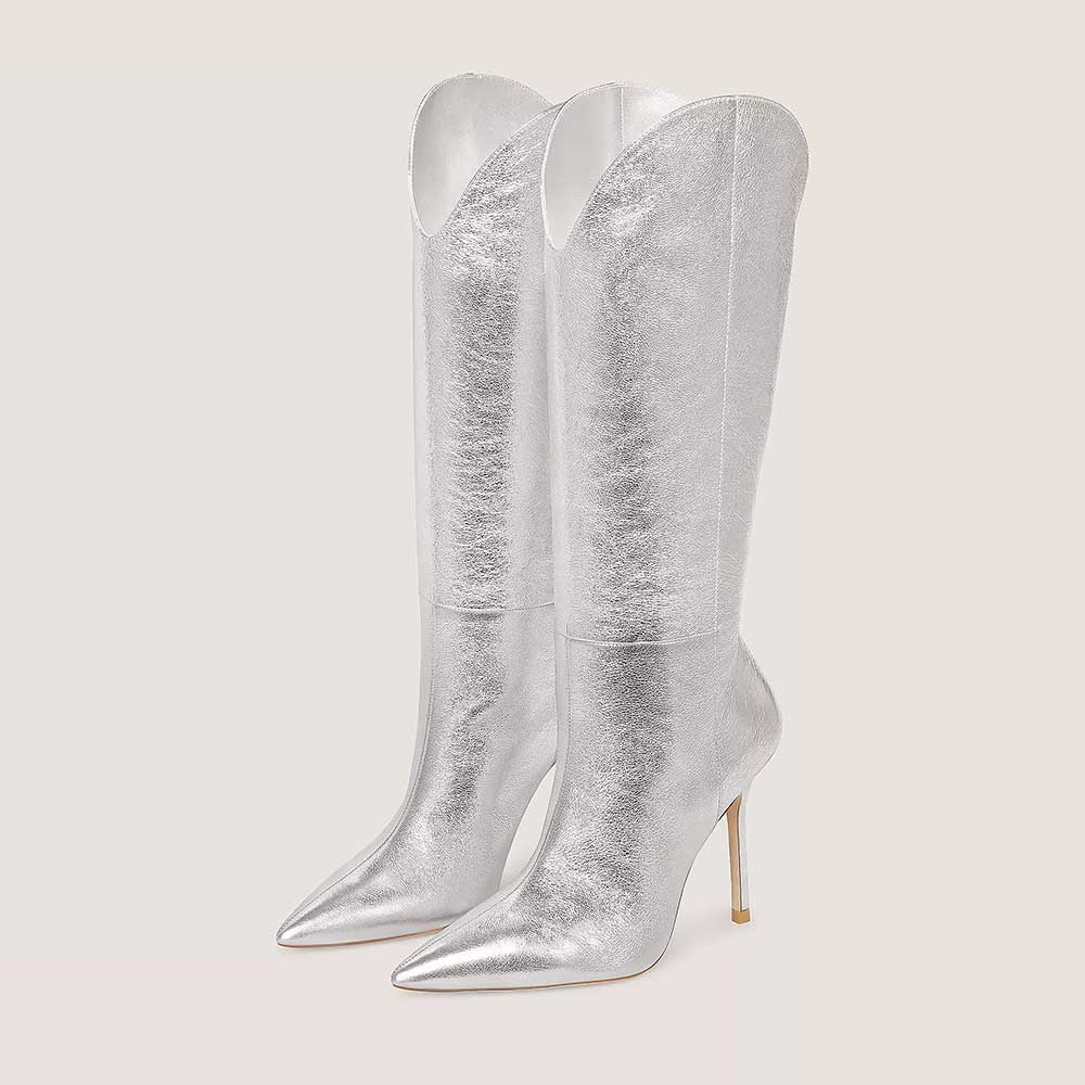 Silver Metallic Pointed Toe 4'' Stiletto Heel Knee High Boots Nicepairs