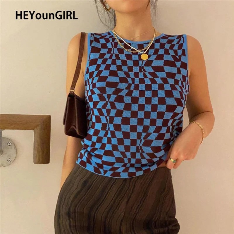 HEYounGIRL Plaid Knitted Crop Tank Tops Women Summer Vintage Sleeveless Cropped Top Tees Koreank Casual Knitwear Streetwear