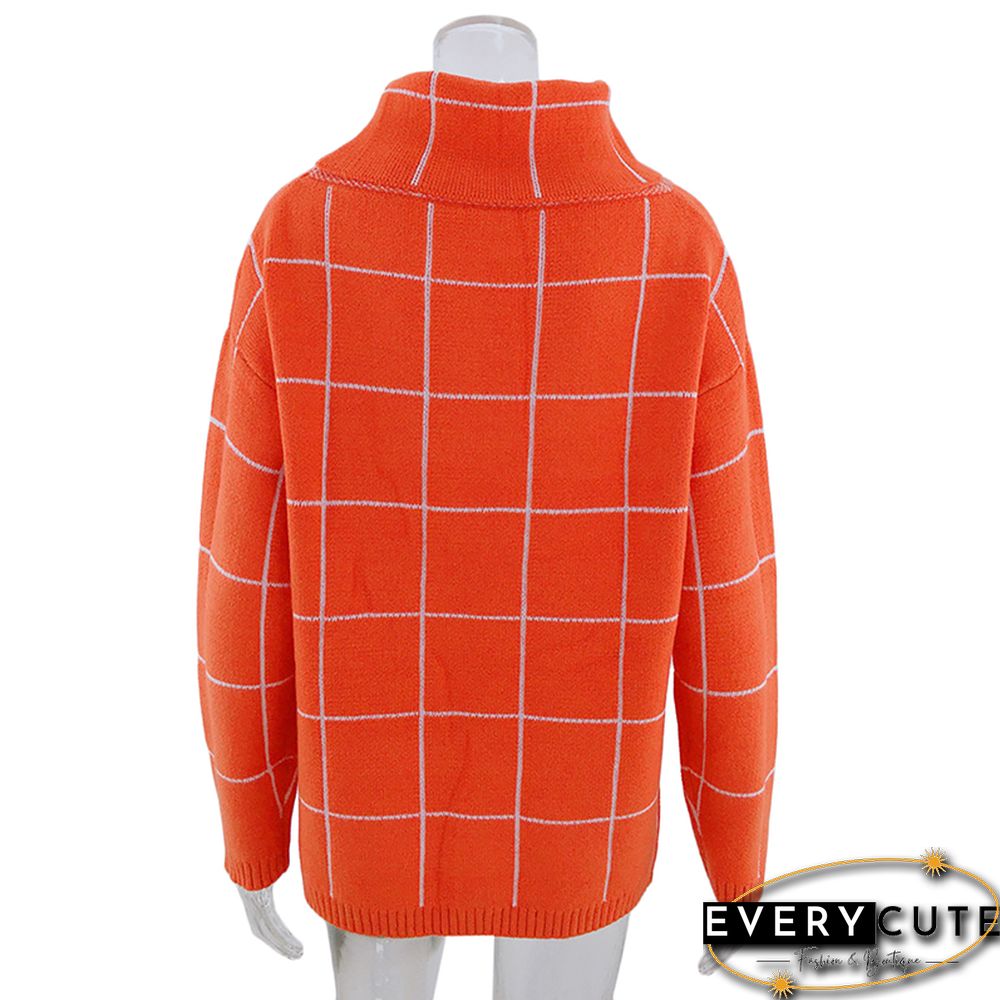 Orange Plaid Print Heap Collar Sweater