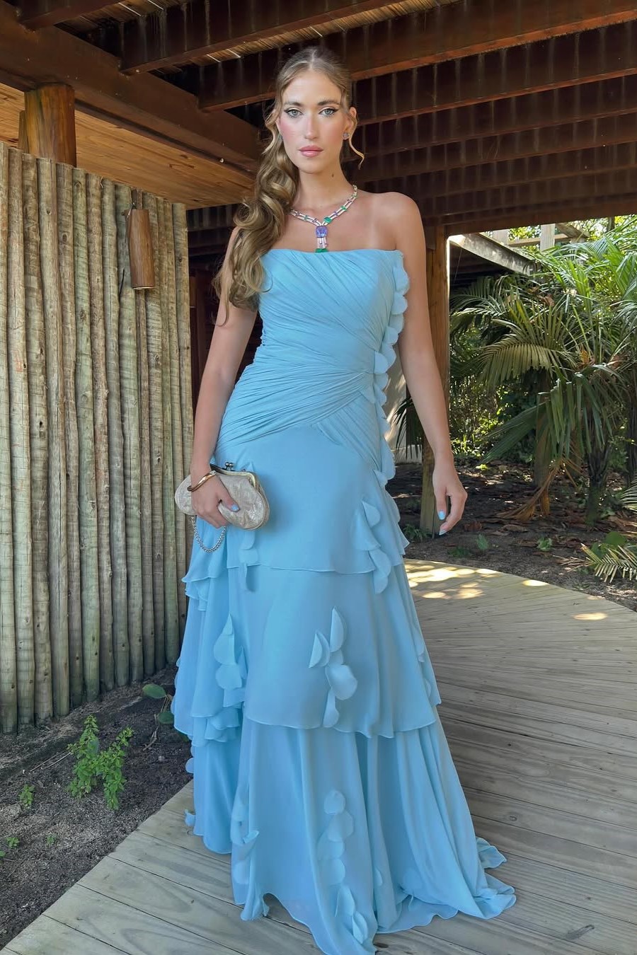 Oknass Stunning Strapless Sleeveless Long Pleaded Prom Dress With Ruffles