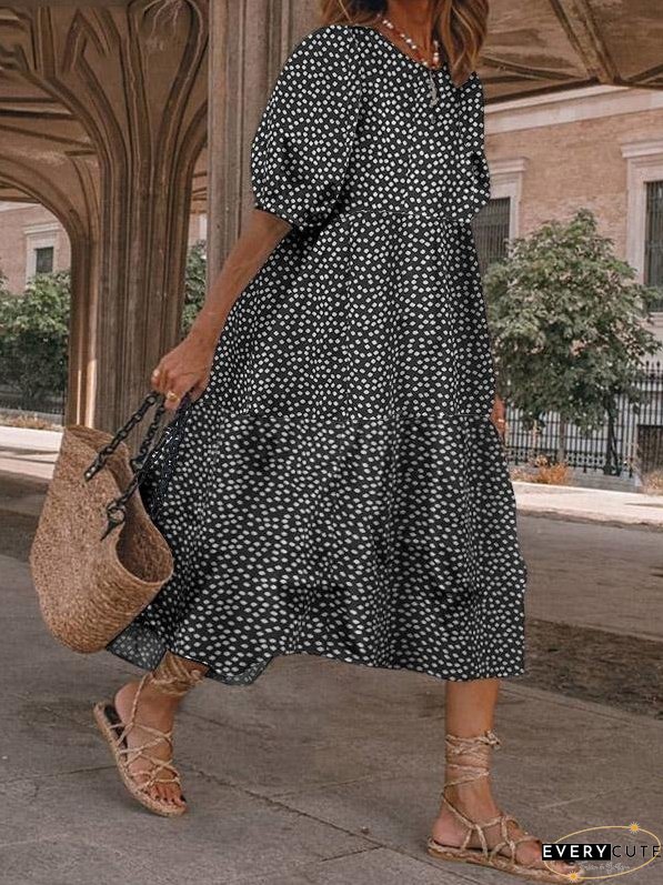Casual Polka Dot Printed Puff Sleeve Dress for Women