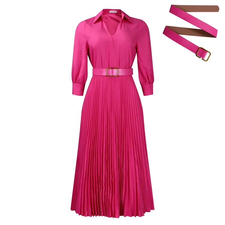 2025 New Elegant Style! Women's Lapel Long Sleeve High-Waist Pleated Solid Color Dress D522 | Rose Red + Belt👗