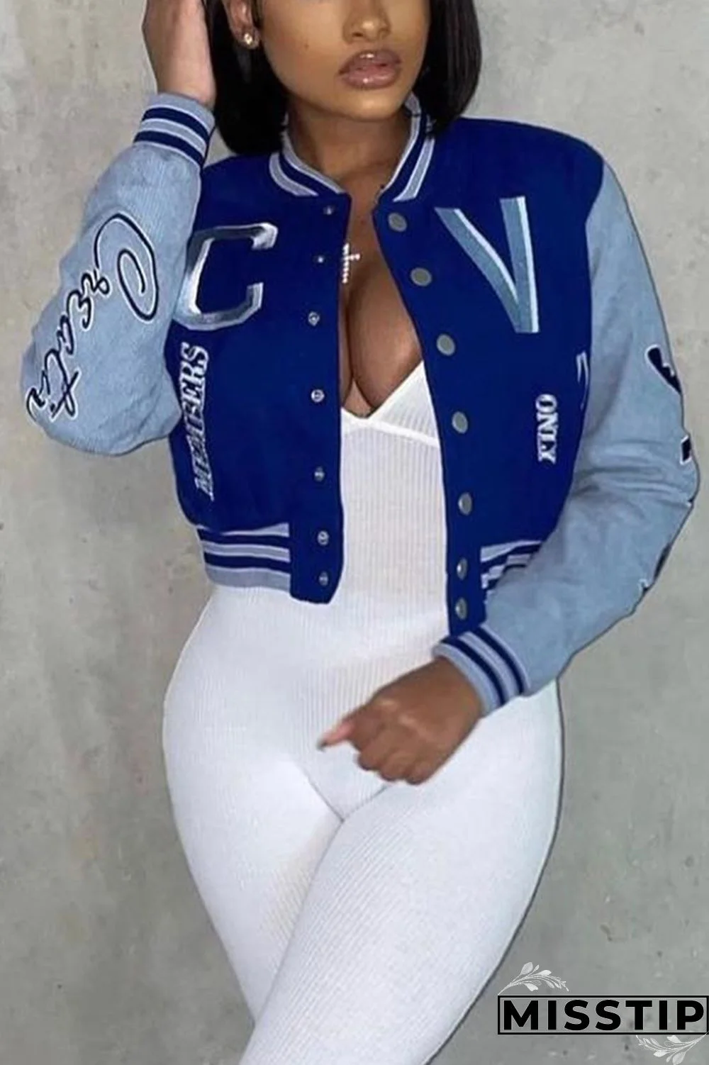 Blue Casual Street Sportswear Daily Letter Buckle Printing Contrast POLO collar Outerwear