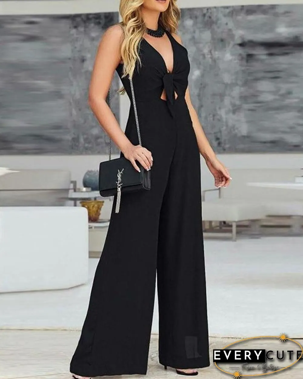 Loose Chiffon V-neck Mid-rise Jumpsuit