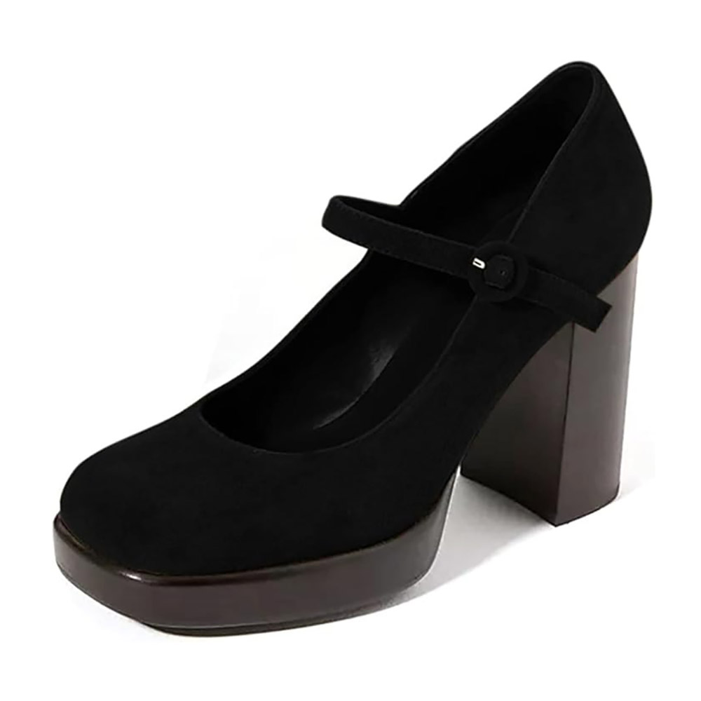 Women's Black Square Toe Chunky Heel Buckled Mary Jane Platform Shoes