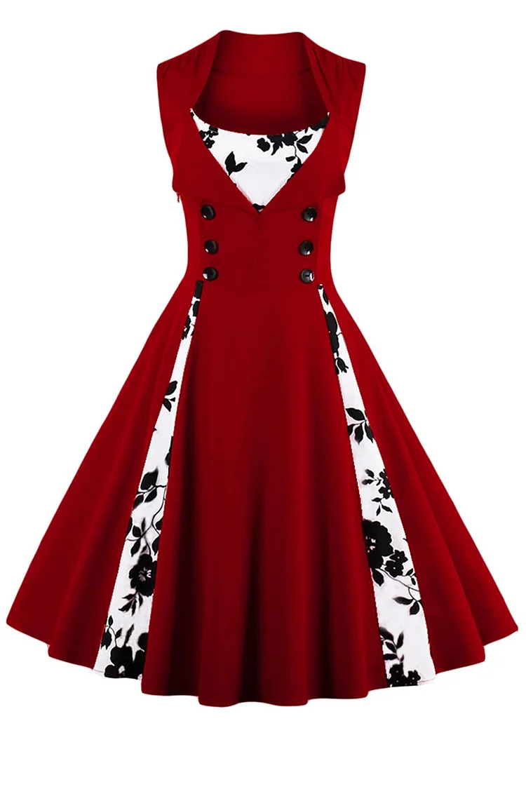 1950s Red Retro Party Patchwork Colorblock A-Line Midi Dress