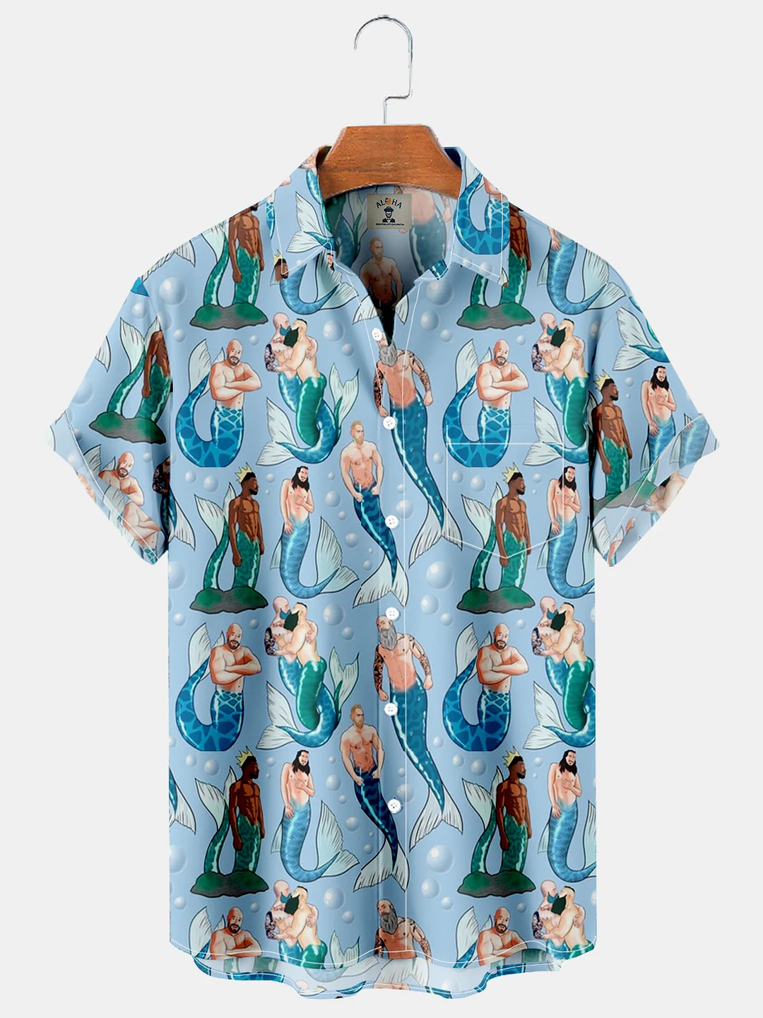 Vintage Fun Hawaiian Mermaid Print Pocket Short Sleeve Shirt