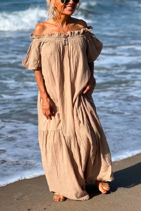 Linen Blend Ruffle Off Shoulder Puff Sleeve A-line Maxi Dress
