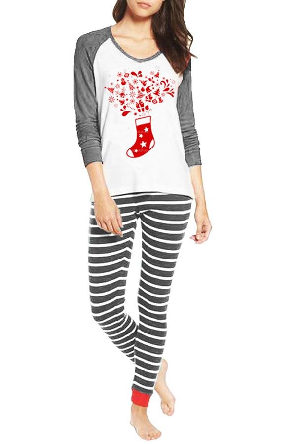 Long Sleeve Socks Print Striped Christmas Pajama Set Gray - Shop Trendy Women's Clothing | LoverChic