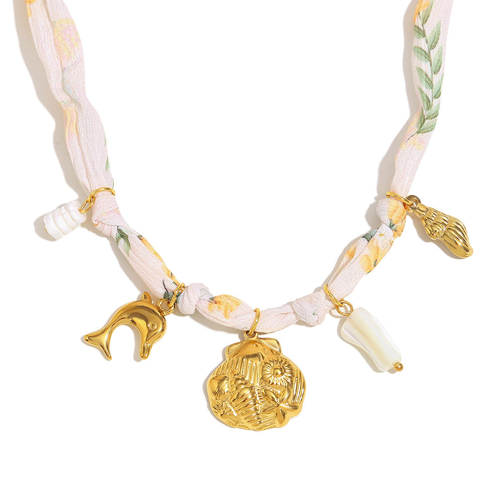 Summer Pendant Stainless Steel 18K Gold Plated Ribbon Pendant Necklace Fossil Shell Necklace Female