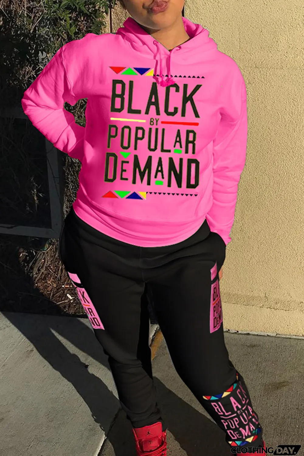 Rose Red Fashion Casual Letter Print Basic Hooded Collar Long Sleeve Two Pieces