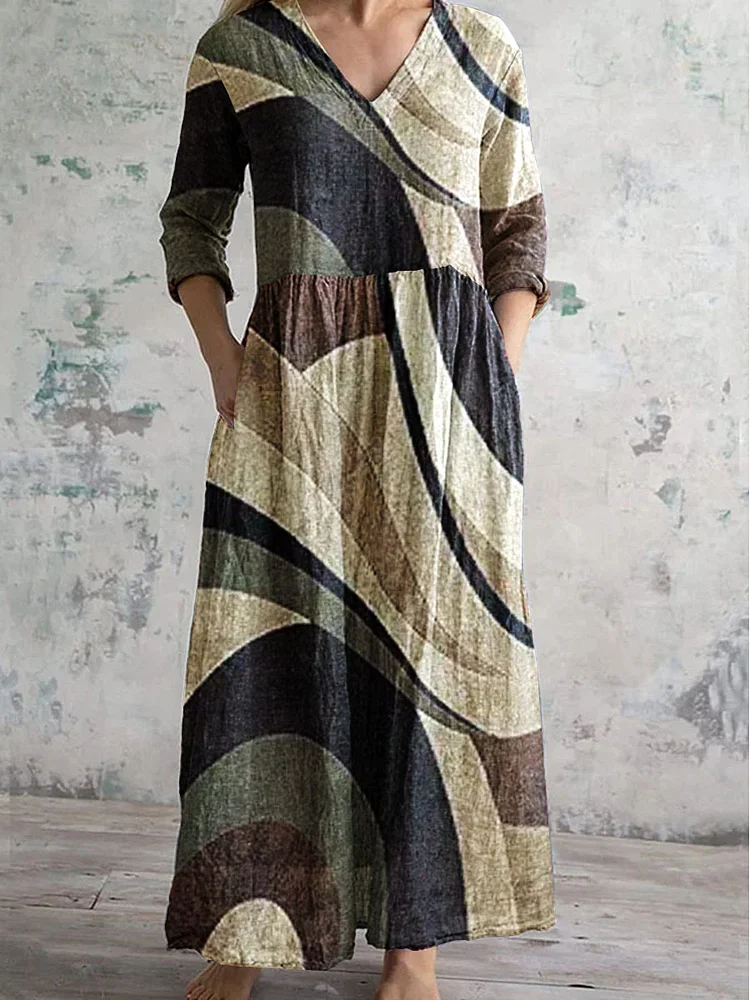 Women's  V-Neck Retro Geometric Pattern Cotton And Linen Dress
