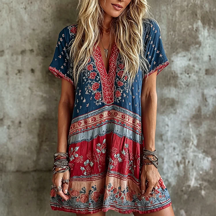 Women's Vintage Rose Flag Art Print Mini Boho Dress