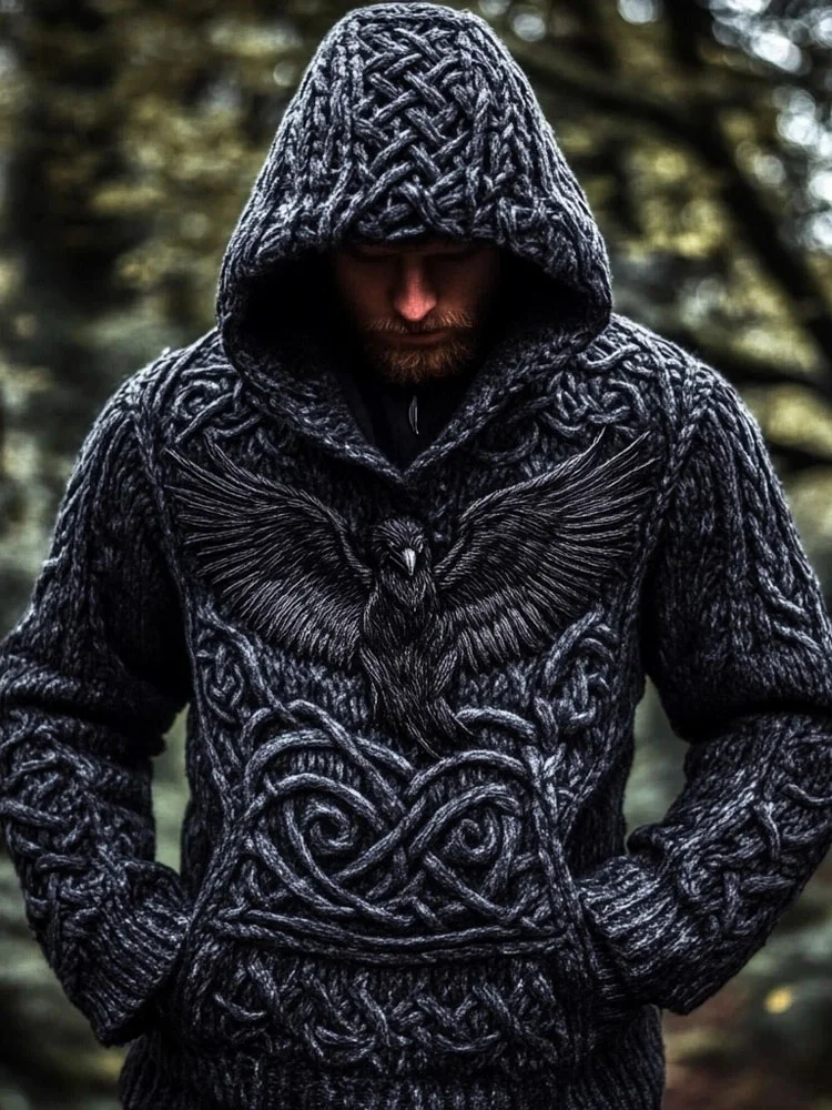 VChics Men's Viking Raven Inspired Celtic Chunky Hooded Sweater