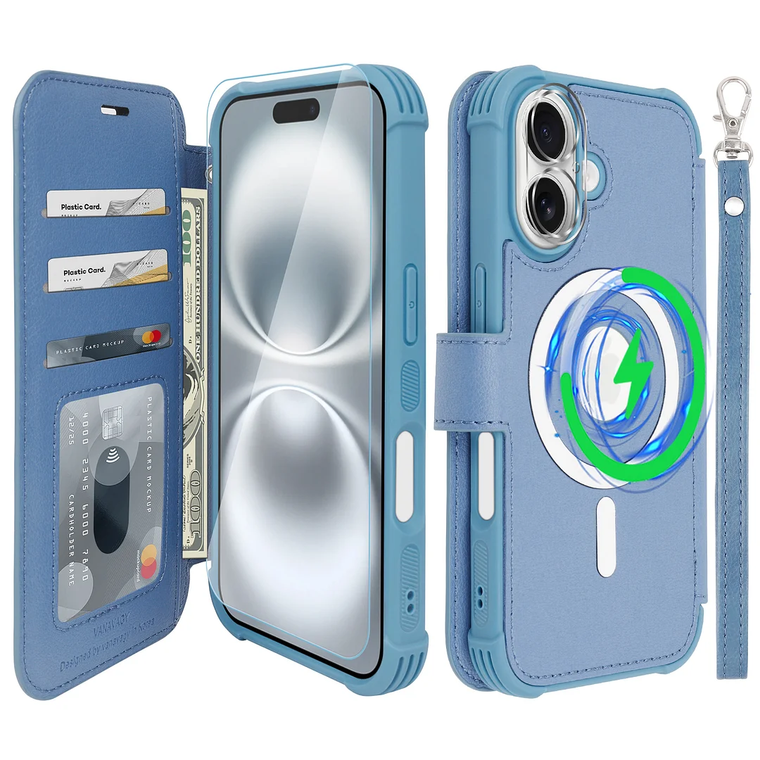 VANAVAGY Compatible for iPhone 16 Wallet Case for Magsafe Wireless Charging,Leather Flip Folio Wrist [Glass Screen Protectors & Camera Lens Protectors] with RFID Block Card Holder