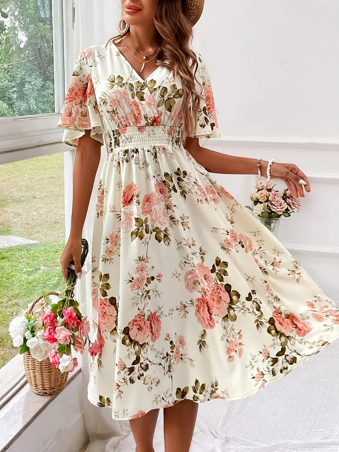Plus Size Elegant Floral Dress - V-Neck, Short Sleeves, Light Yellow With Pink & Green Floral Print | Ruched Waist, Casual To Semi-Formal Attire, Perfect For Summer | IFYHOME
