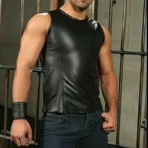 Pornhint Men's Real black leather sleeve less fitted sport style vest shirt fetish