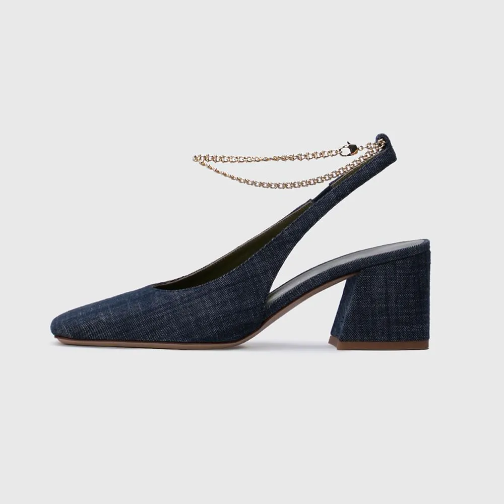 Chic Blue Denim Square Toe Chain Chunky Heel Slingback Shoes