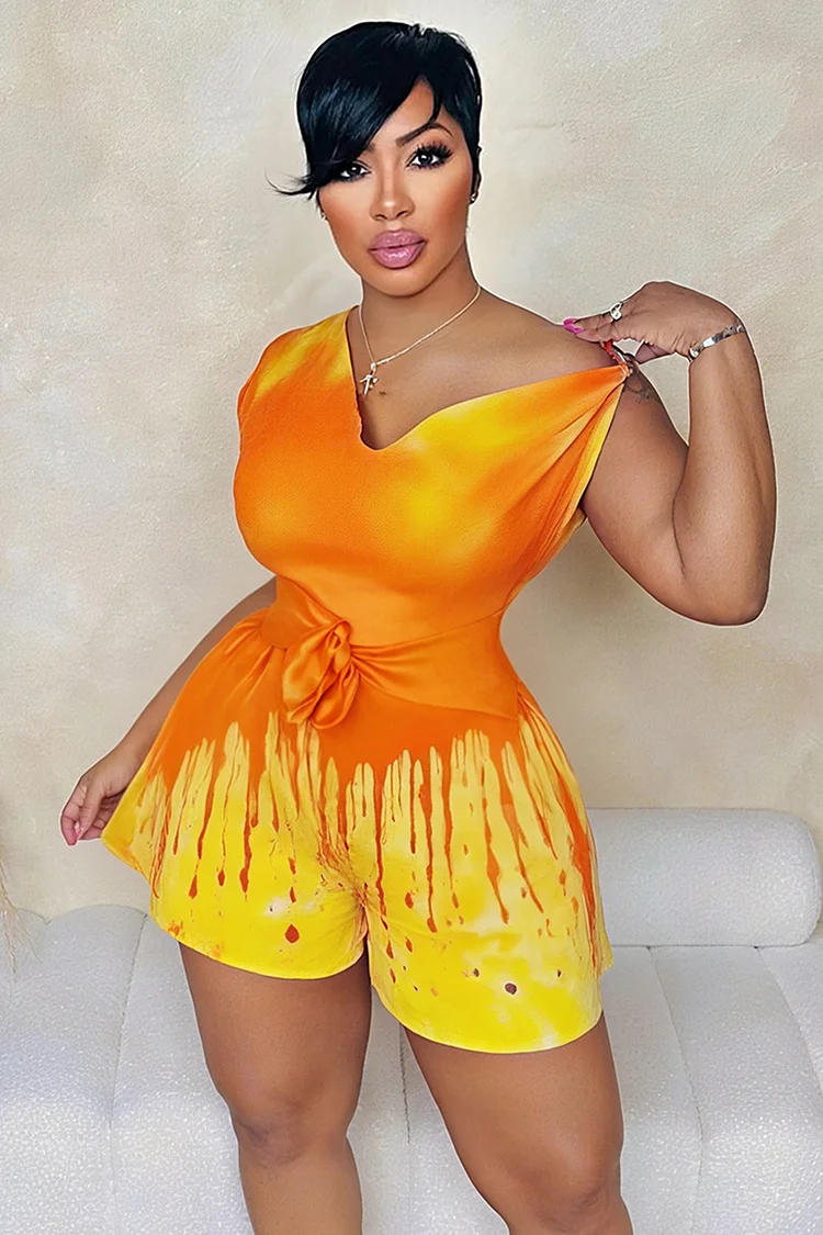 Ombre Print Sleeveless V Neck Knotted Romper Playsuit-Orange [Pre Order]
