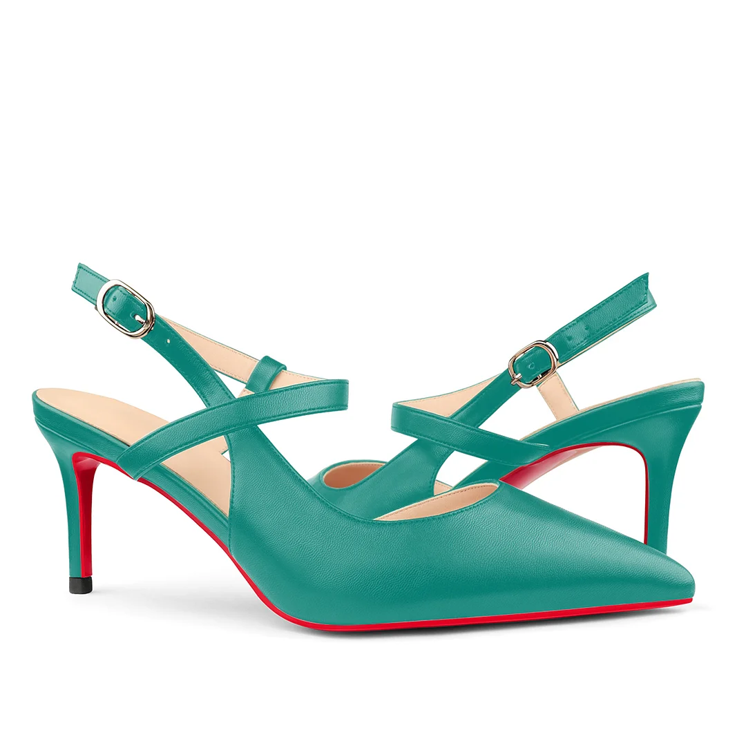 65mm Women Slingback Pumps Ankle Strap Red Bottom Stiletto Mid Heel Close Pointed Toe Summer Soles Sandals-MERUMOTE