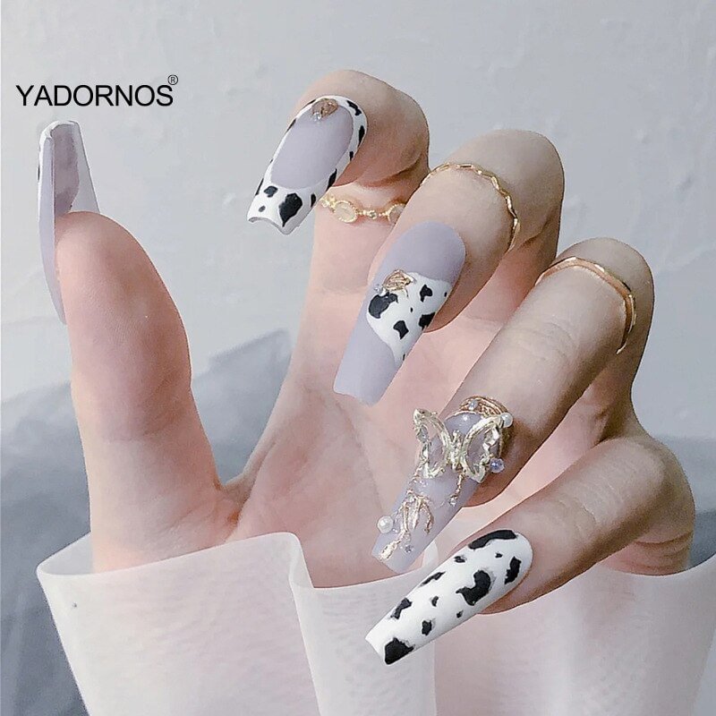 24pcs Press On Nails Cow Pattern Nail Patch Glue Type Removable Long Paragraph Manicure Save Time False Nail Patch Ty