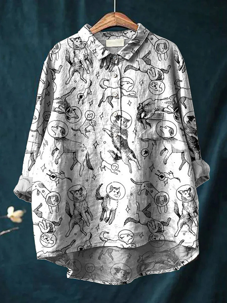 Women's Simple Black And White Space Puppy Print Casual Cotton And Linen Shirt