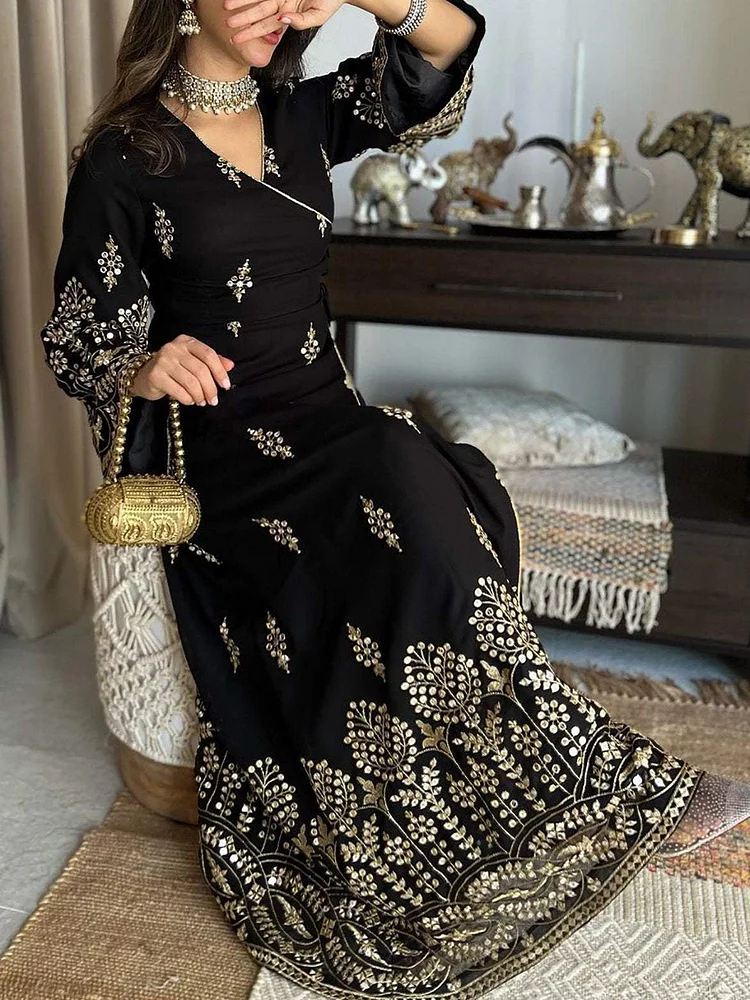 Elegant Floral Gold Embroidered Dress