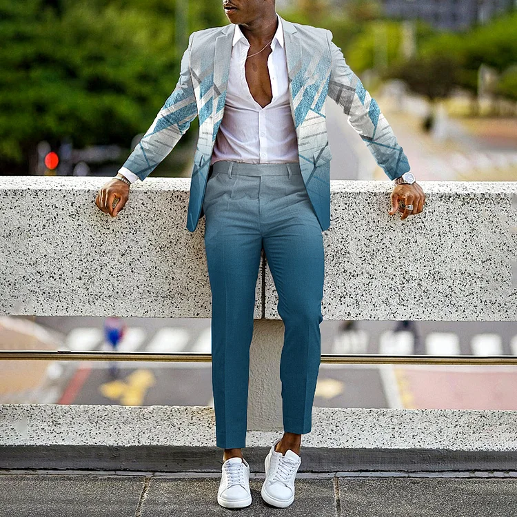Broswear Blue Gradient Geometry Blazer And Pants Co-Ord