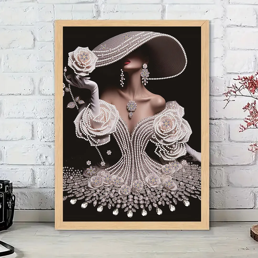 Pearl Rose Evening Gown Lady Special Shaped 5D DIY Partial Drill Diamonds Dots Gem Art Kits 11.81x15.75Inch Diamond Dots Paintings Diamonds Paintings Gem Art for Adults Beginners Home Decor