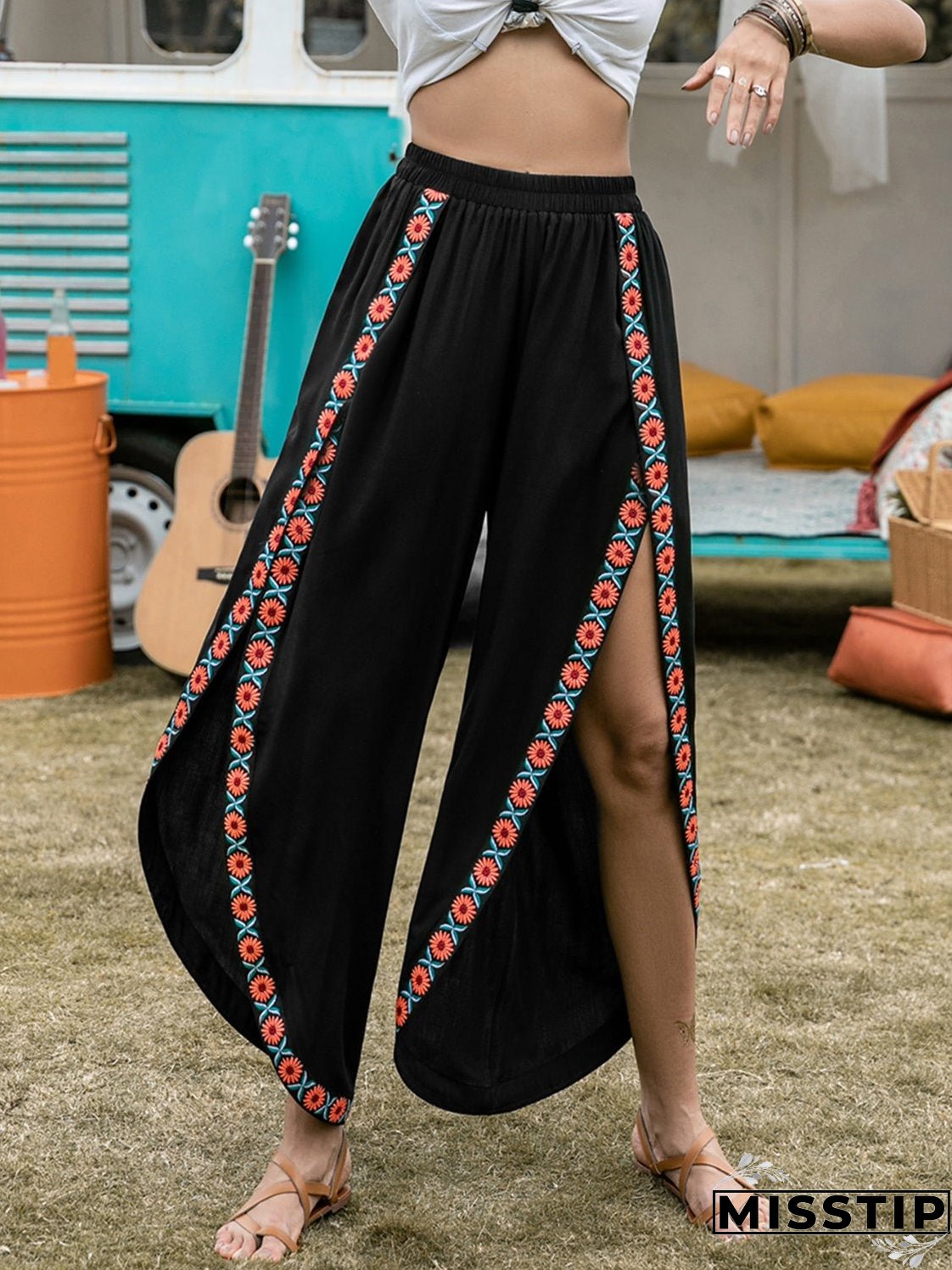 Slit Elastic Waist Wide Leg Pants